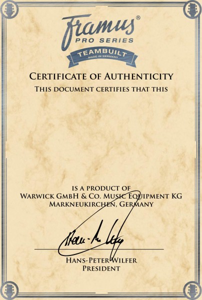 Framus Teambuilt Instrument Certificate